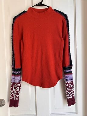Free People Red Knit Top with Patterned Sleeves